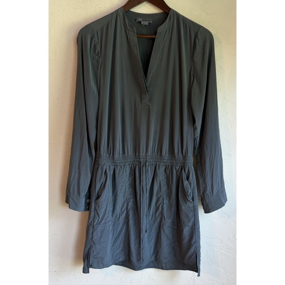 Vince 100% Silk Drop Waist Dress 6 Drawstring Minimalist Quiet Luxury Gray